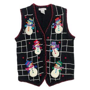 Vintage Snowman Knit Sweater Vest 1990s Covered Button Front V Neck Size Medium